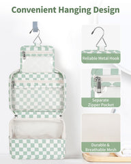 Narwey mint green checkerboard bag with multiple compartments for organized skin-care and cosmetics on trips