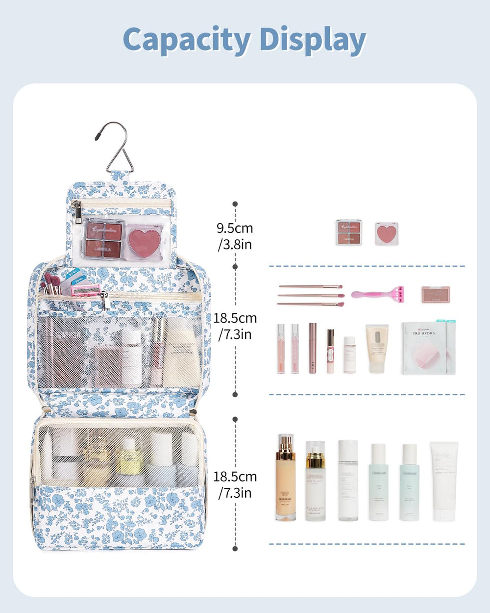 Narwey interior compartments show multiple pockets to neatly organize skincare and small items.