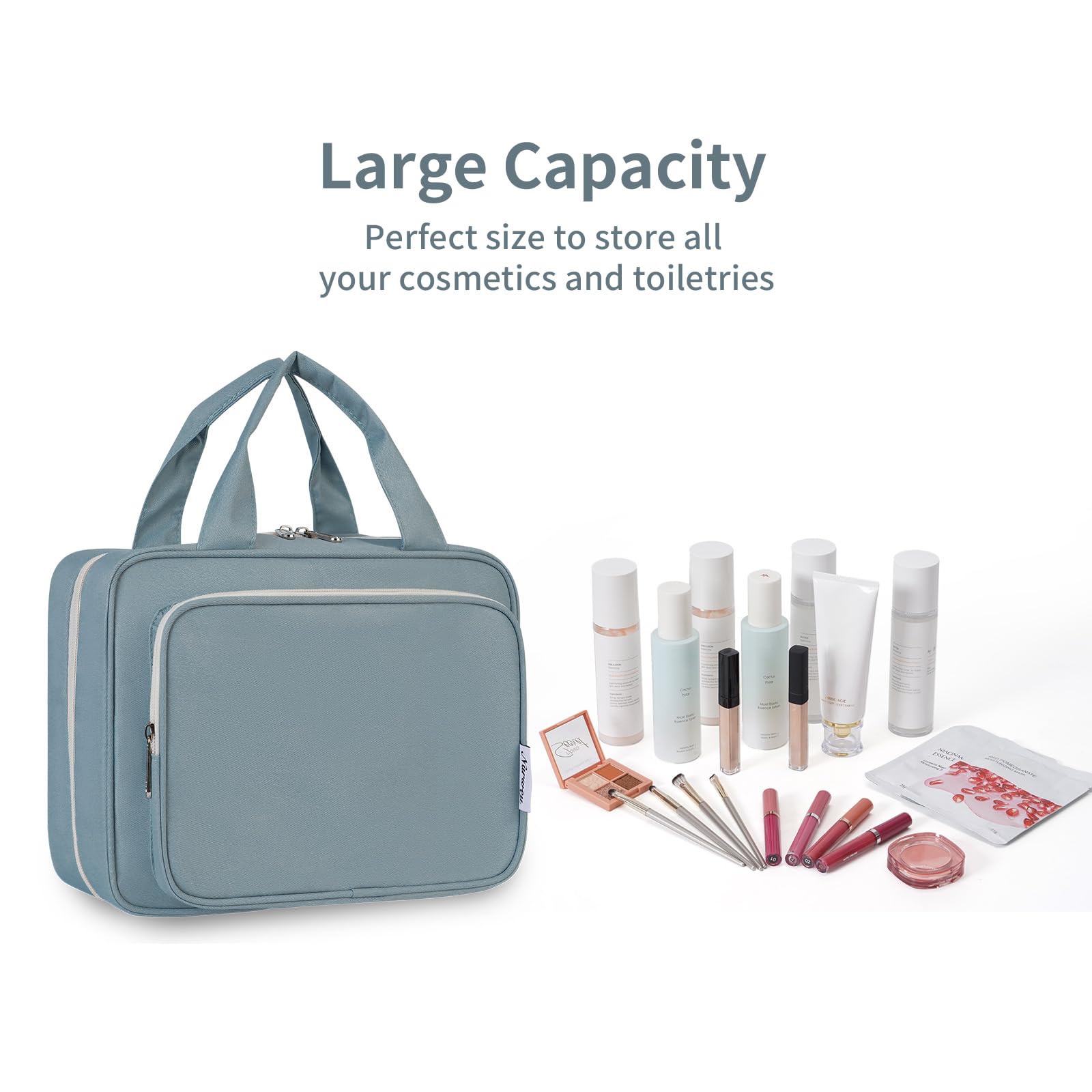Narwey interior organization highlights generous storage for toiletries and makeup.