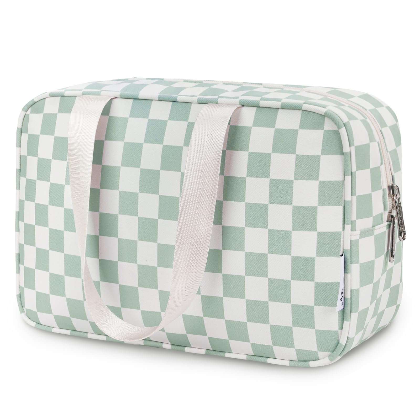 Narwey large checkered travel toiletry bag in mint green; roomy with organized compartments.