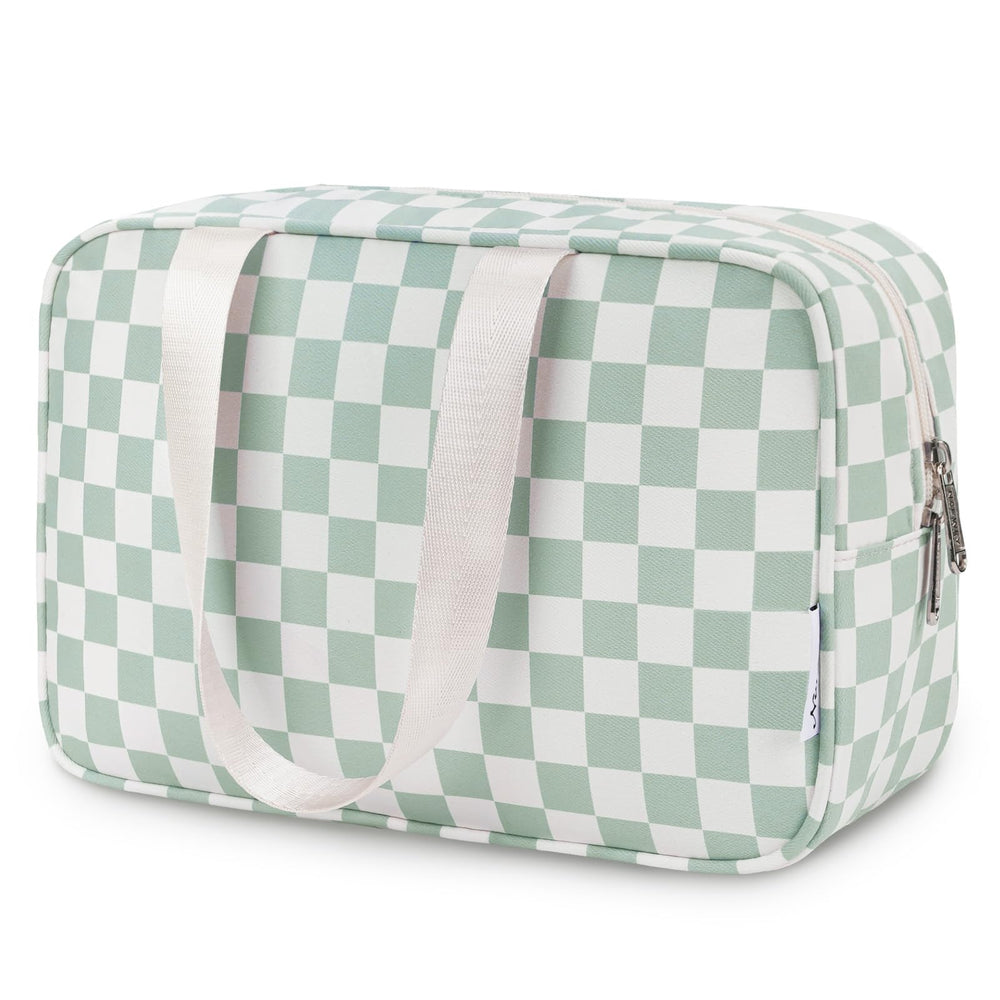 Narwey large checkered travel toiletry bag in mint green; roomy with organized compartments.