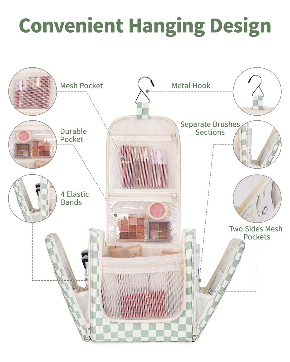 Narwey large hanging toiletry bag shows dry-wet separation for organized cosmetics on trips