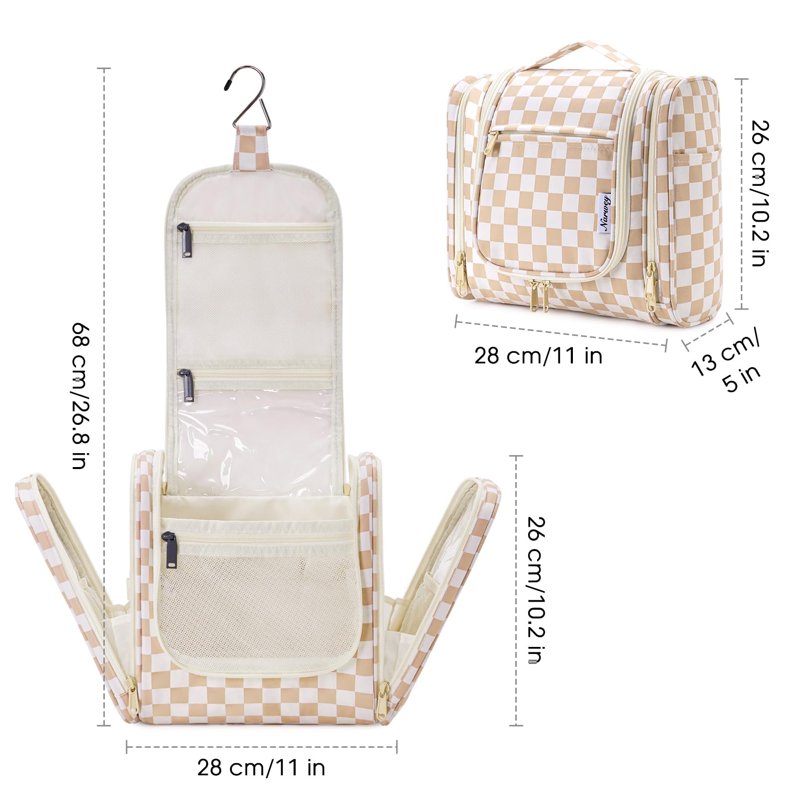 Narwey large hanging toiletry bag compact design fits neatly in luggage.