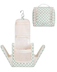 Narwey large hanging toiletry bag mint green checkerboard front view for easy travel packing