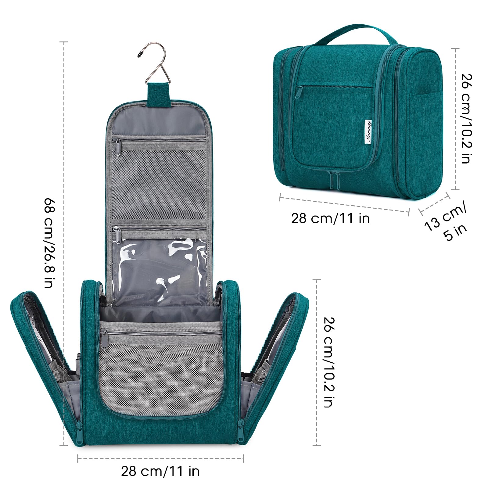Narwey teal compact dimensions illustrate a space-efficient travel companion.