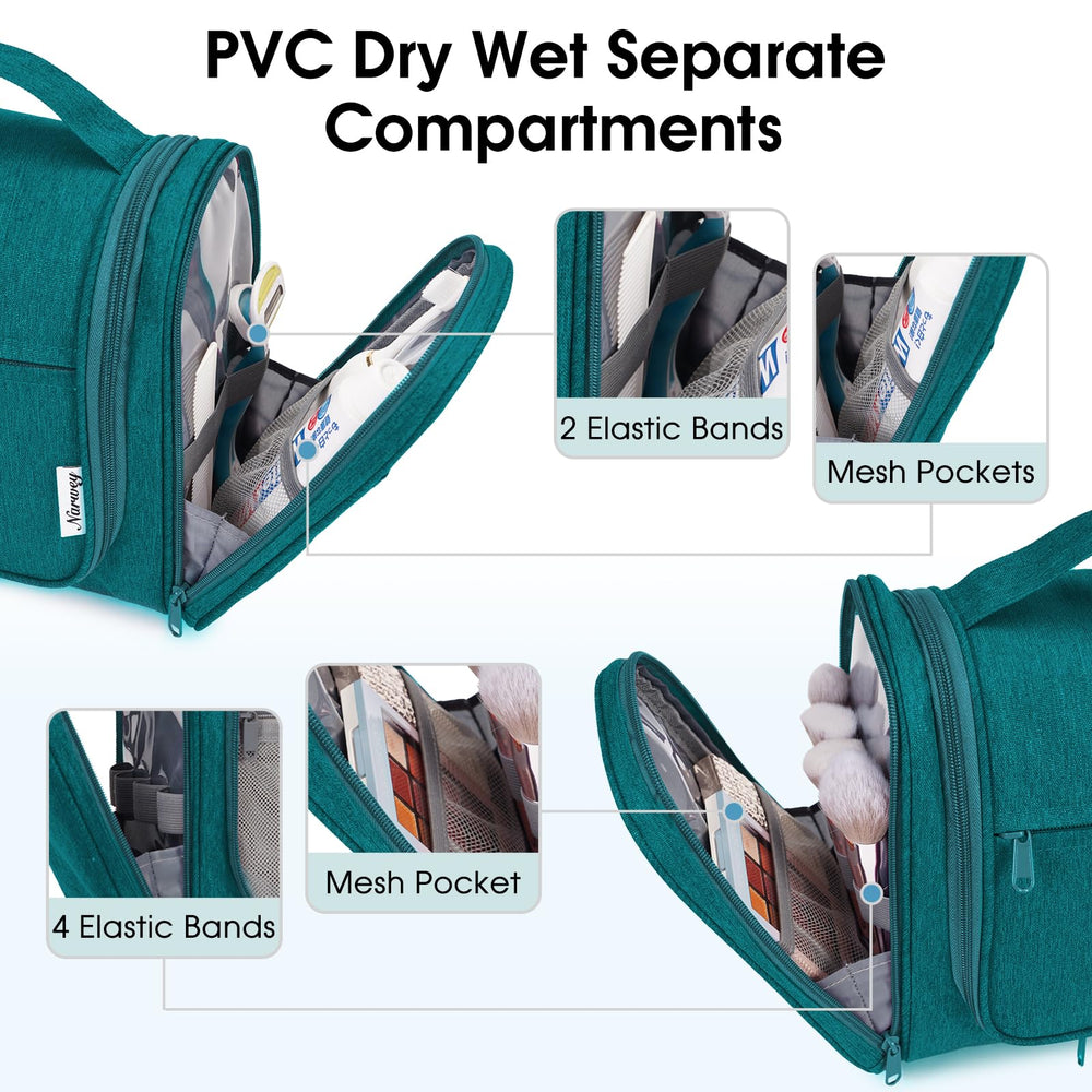 Narwey teal dry-wet compartments emphasize easy separation for cosmetics and towels.