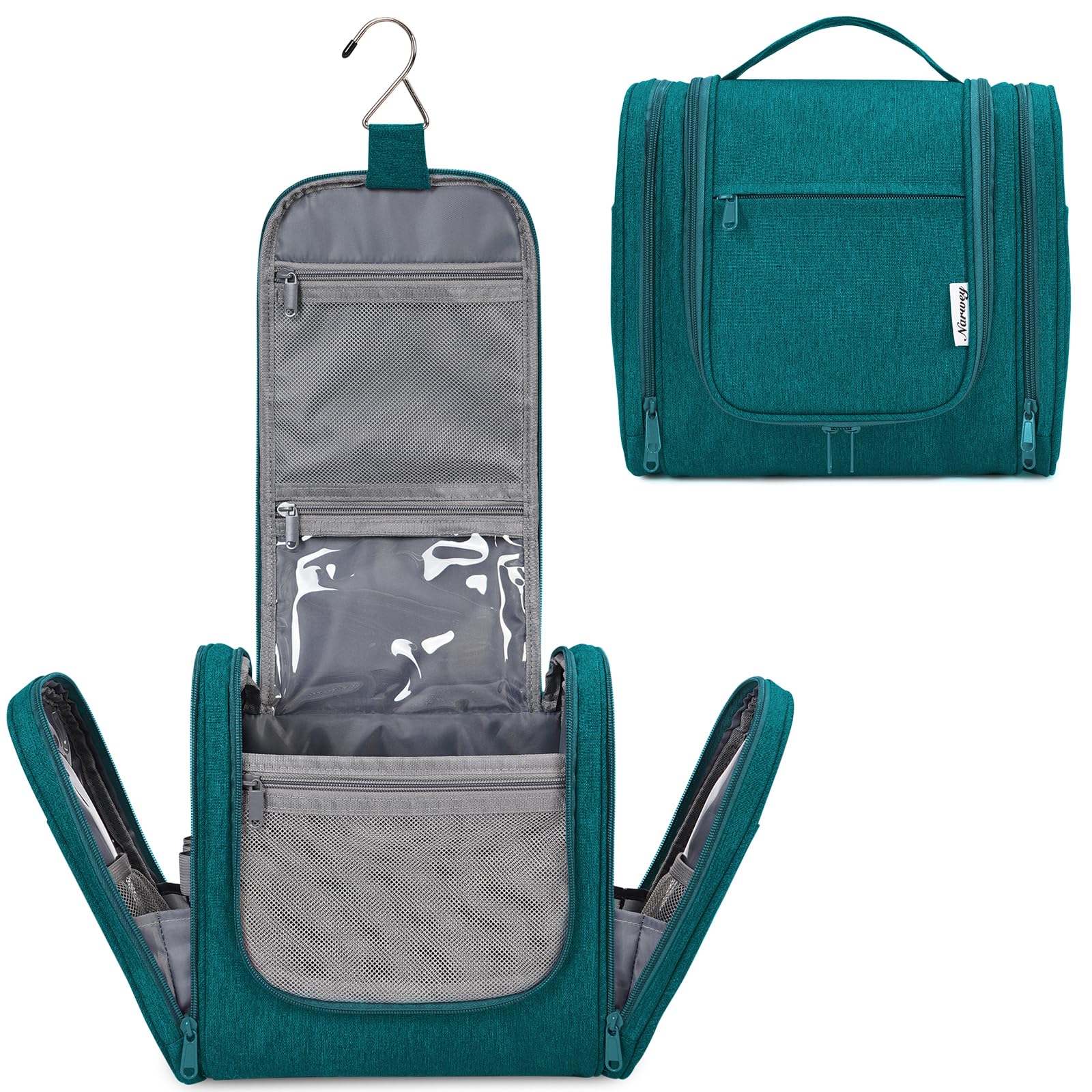 Narwey large hanging toiletry bag teal front view showcases organized pockets for travel.