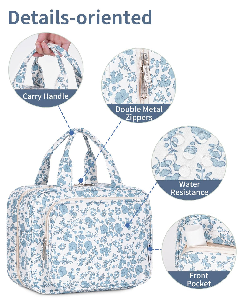 Narwey Little Blue Flower design adds stylish flair to travel kit.