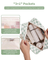 Narwey makeup bag travel organizer in mint green checker for cosmetics.