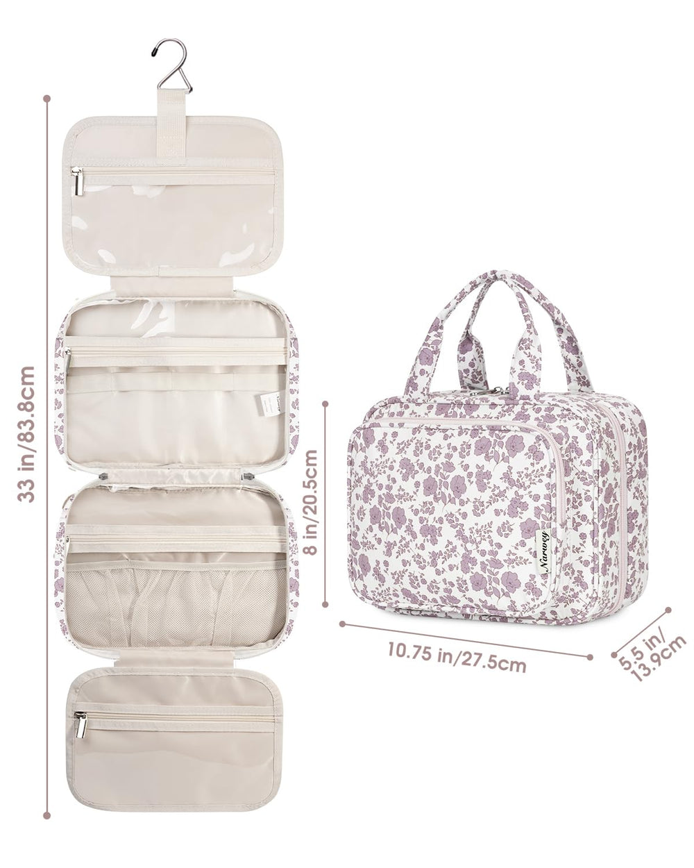 Narwey medium-size toiletry bag fits travel-size toiletries and makeup essentials.