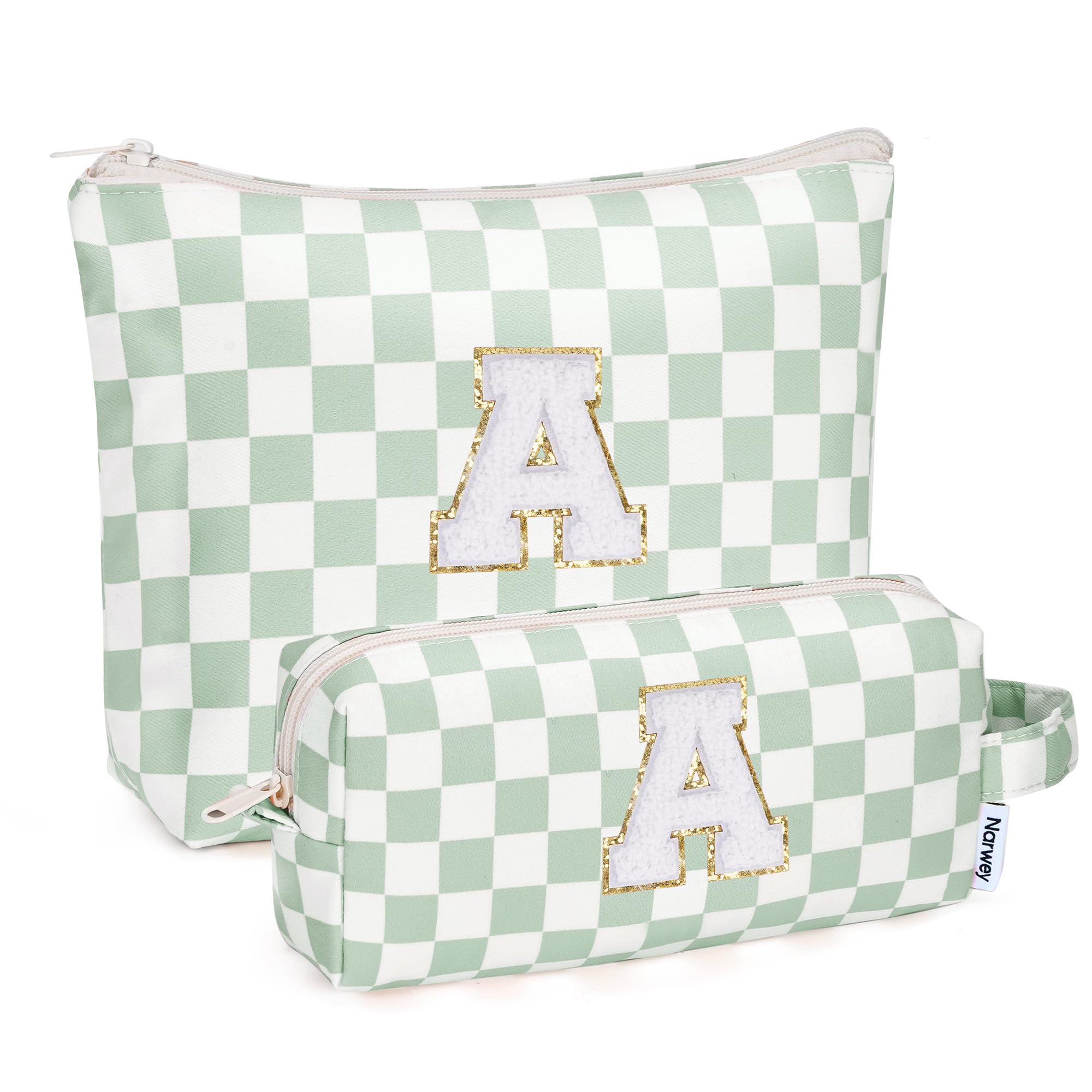 Narwey personalized initial makeup bag closeup with durable chenille letter, a stylish gift idea