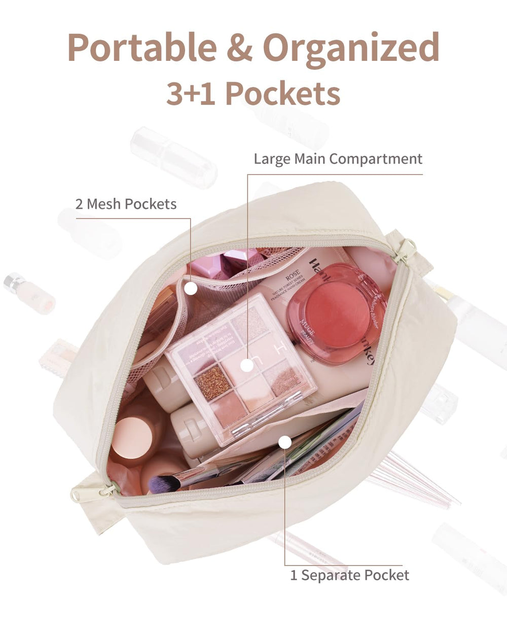 Narwey Puffy Makeup Bag beige durable nylon shell and double zippers