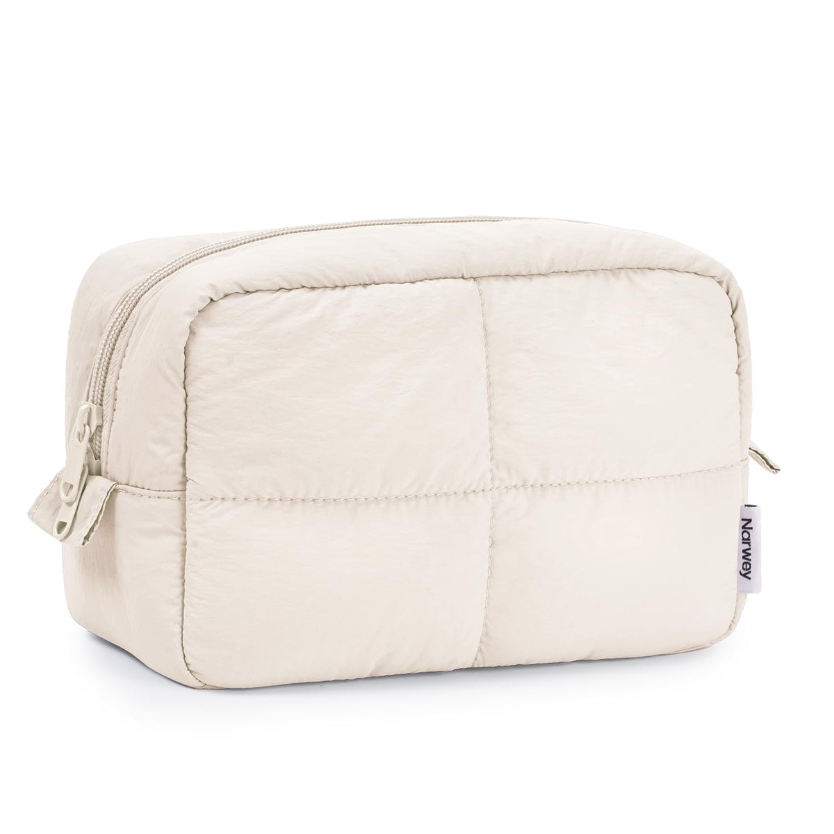 Narwey Puffy Makeup Bag beige front view showing compact travel-ready design