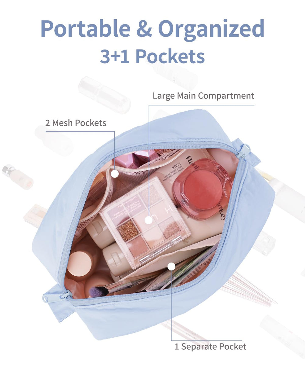 Narwey Puffy makeup bag blue compact size proves versatile as a cosmetic tote or small tech pouch.