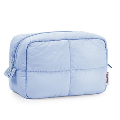 Narwey Puffy makeup bag blue front view shows compact travel-ready organizer for cosmetics.