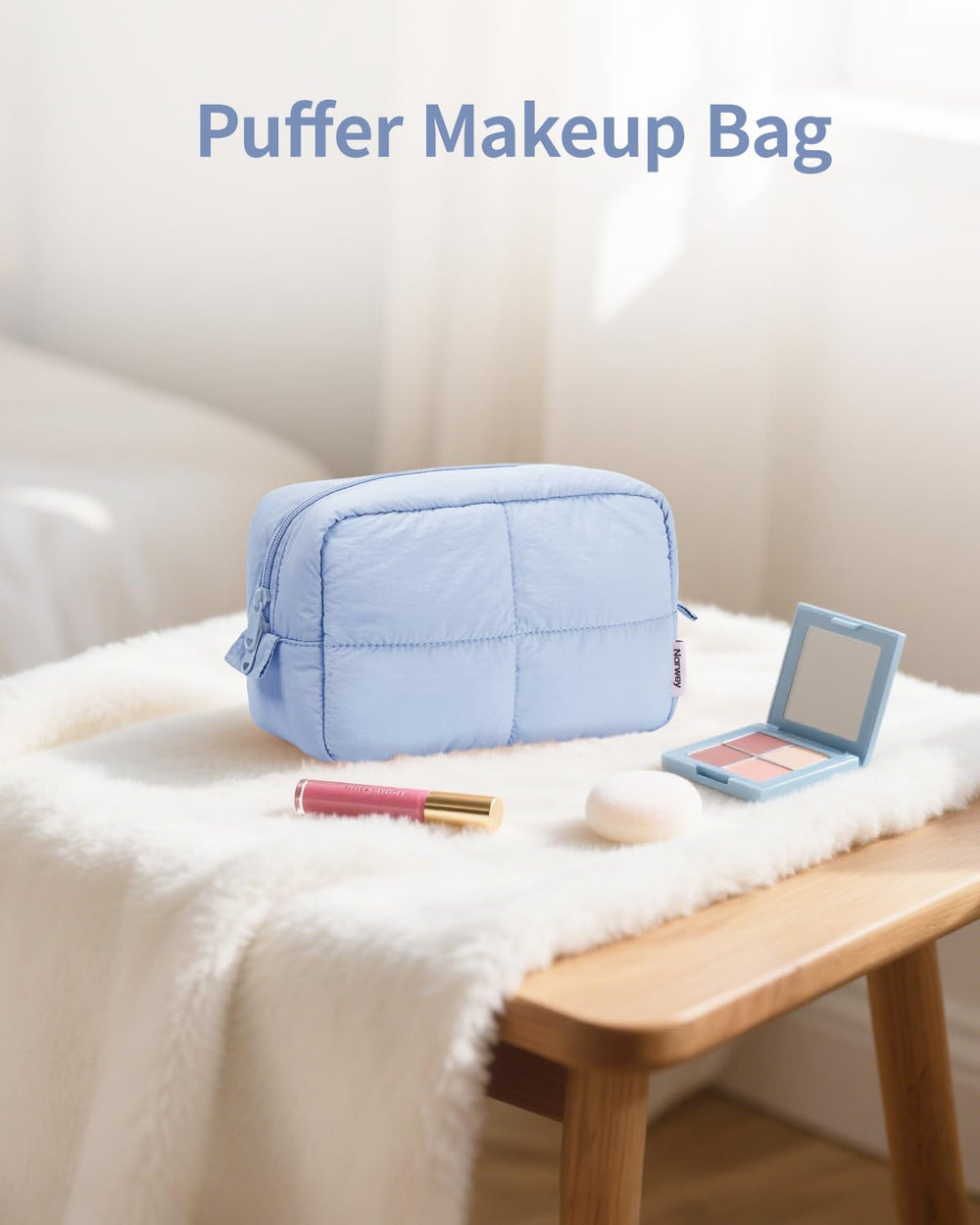 Narwey Puffy makeup bag blue stitching close-up conveys quality you can rely on for everyday routines.