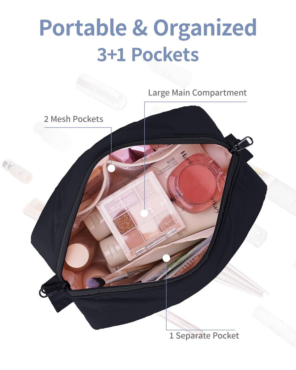 Narwey Puffy makeup bag durable nylon fabric emphasizes water resistance for travel