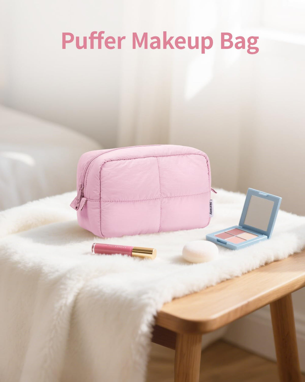 Narwey Puffy makeup bag pink color adds stylish travel accessory.
