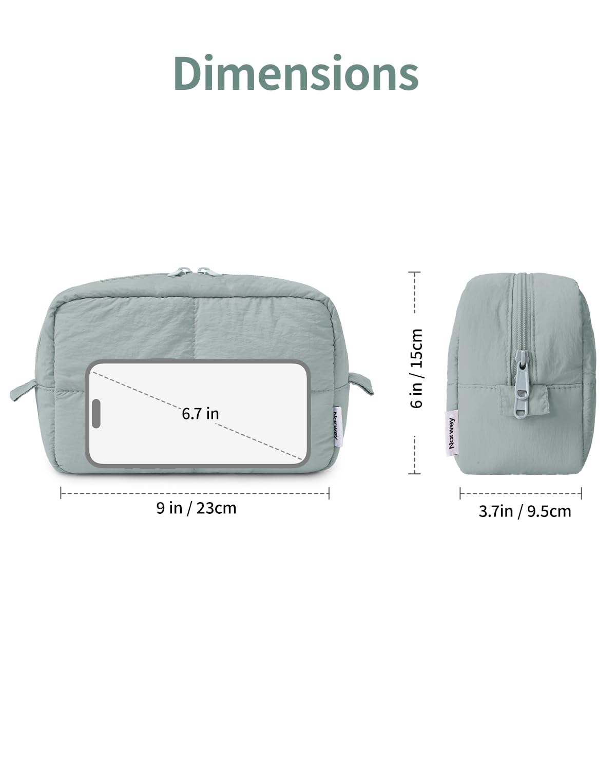 Narwey Puffy makeup bag sage green durable zipper and lining for lasting use.