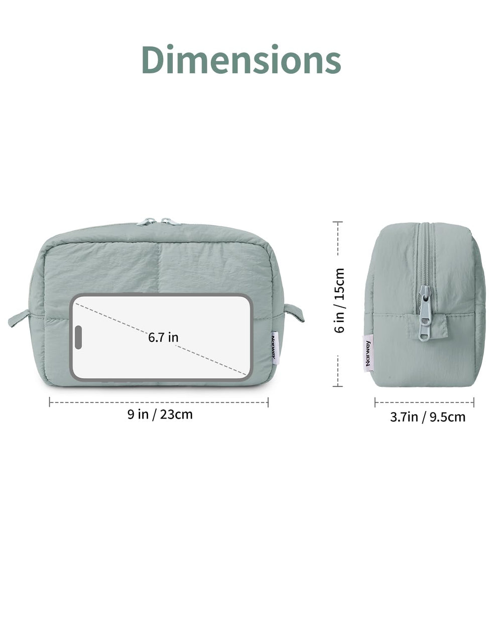 Narwey Puffy makeup bag sage green durable zipper and lining for lasting use.