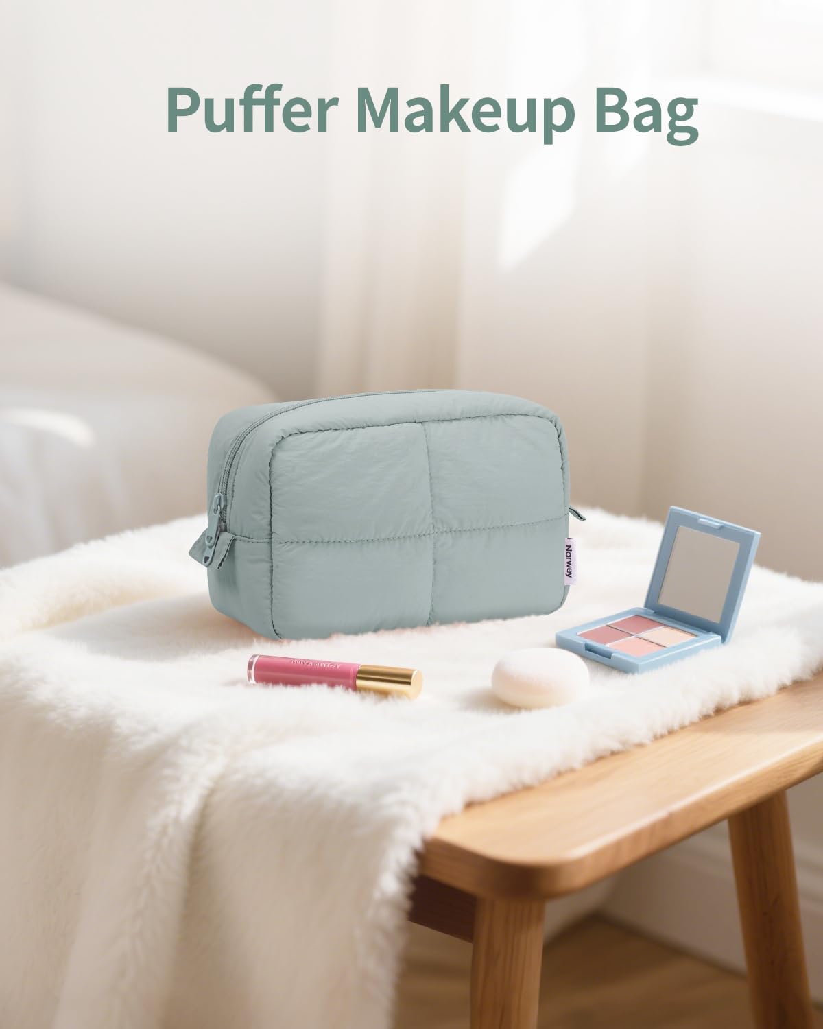 Narwey Puffy makeup bag sage green gift idea for teens and travelers.