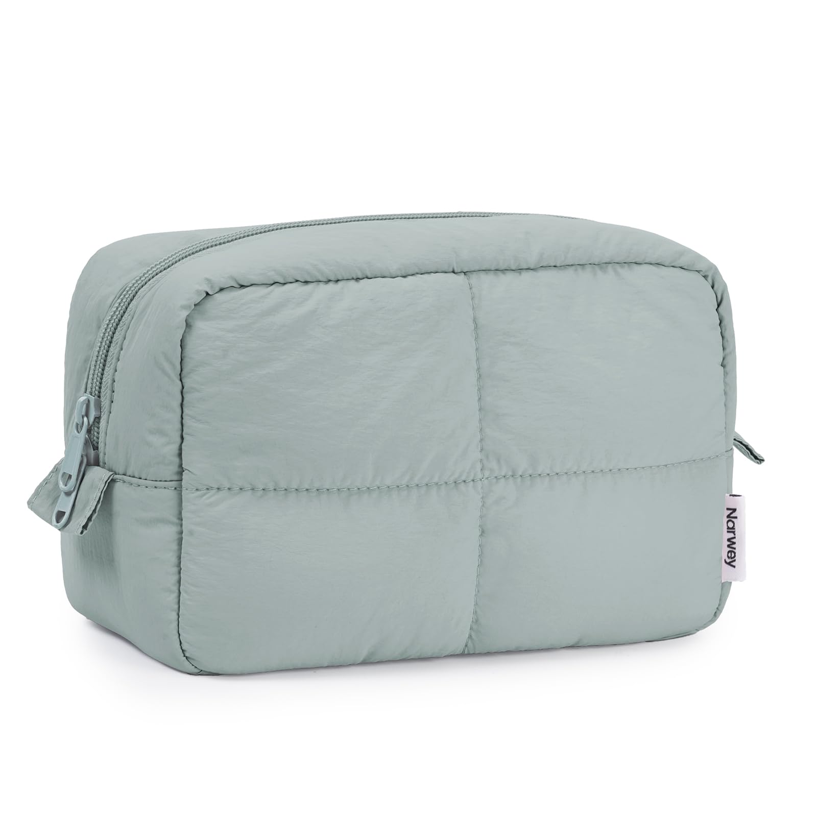 Narwey Puffy makeup bag sage green top view showing compact travel-ready design.