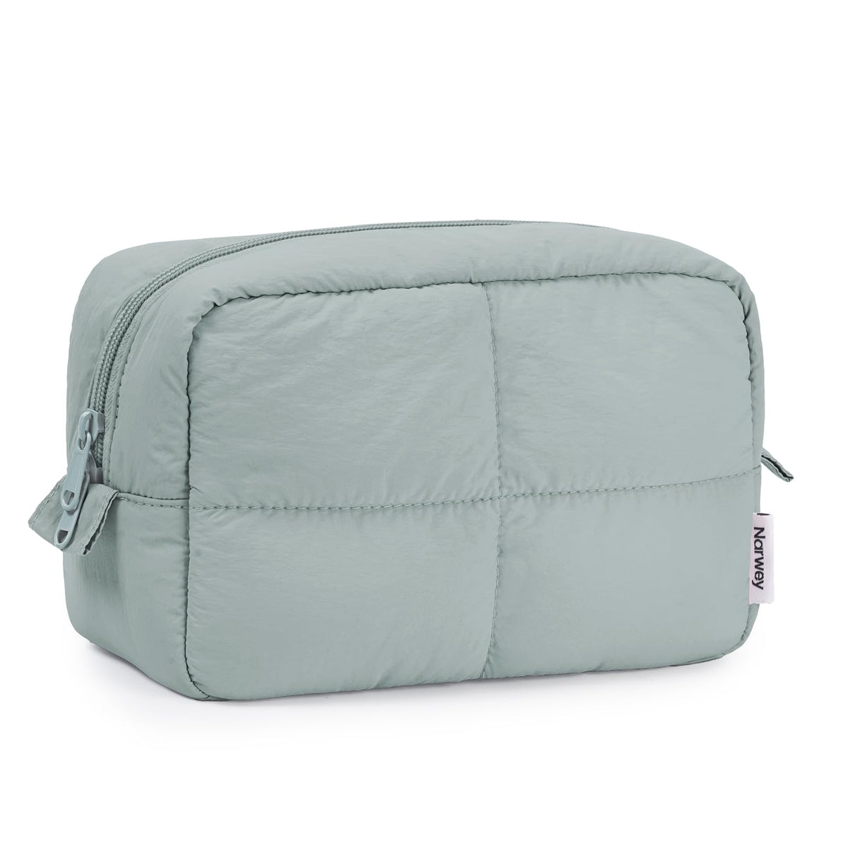 Narwey Puffy makeup bag sage green top view showing compact travel-ready design.