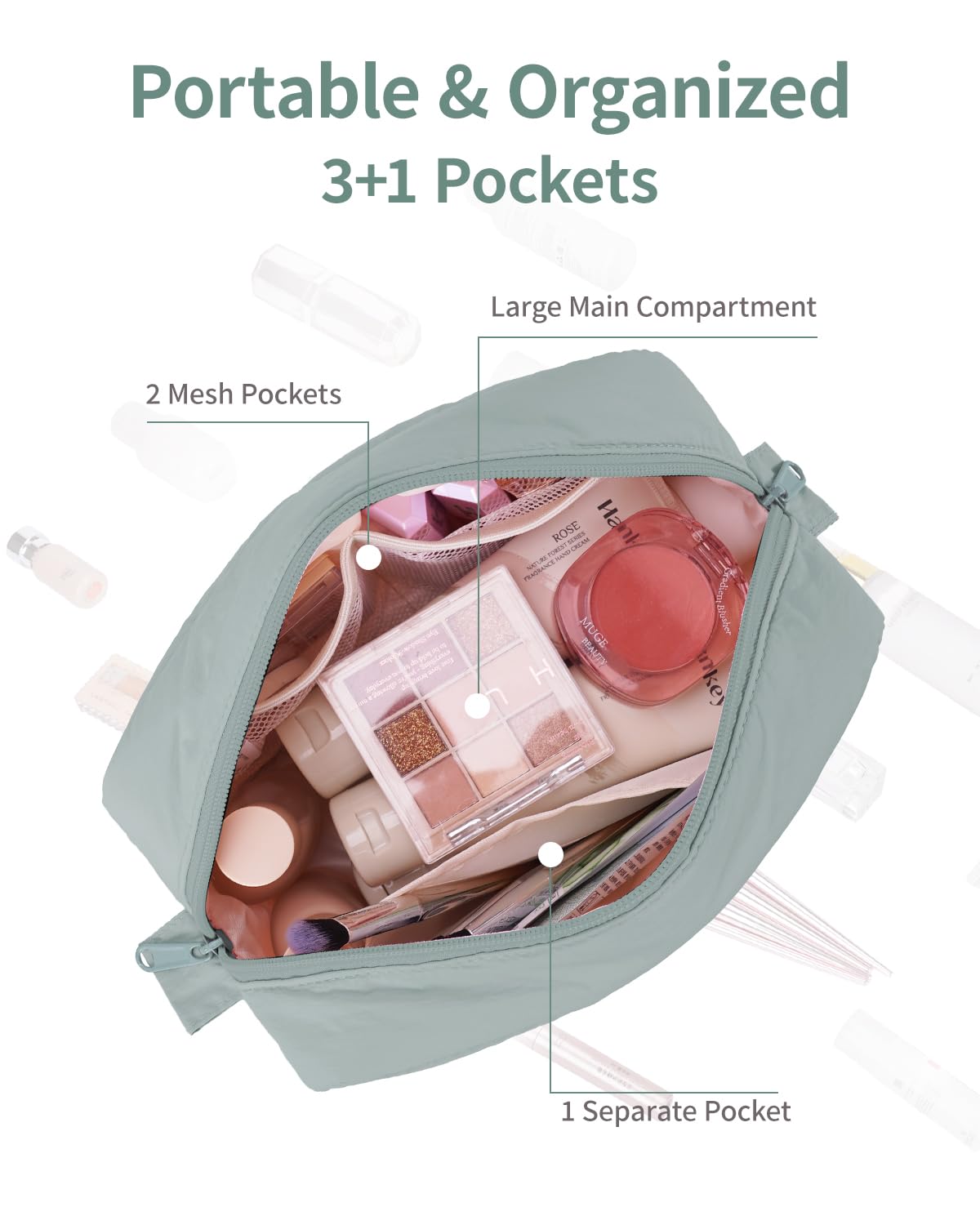 Narwey Puffy makeup bag sage green water-resistant nylon shell for daily use.
