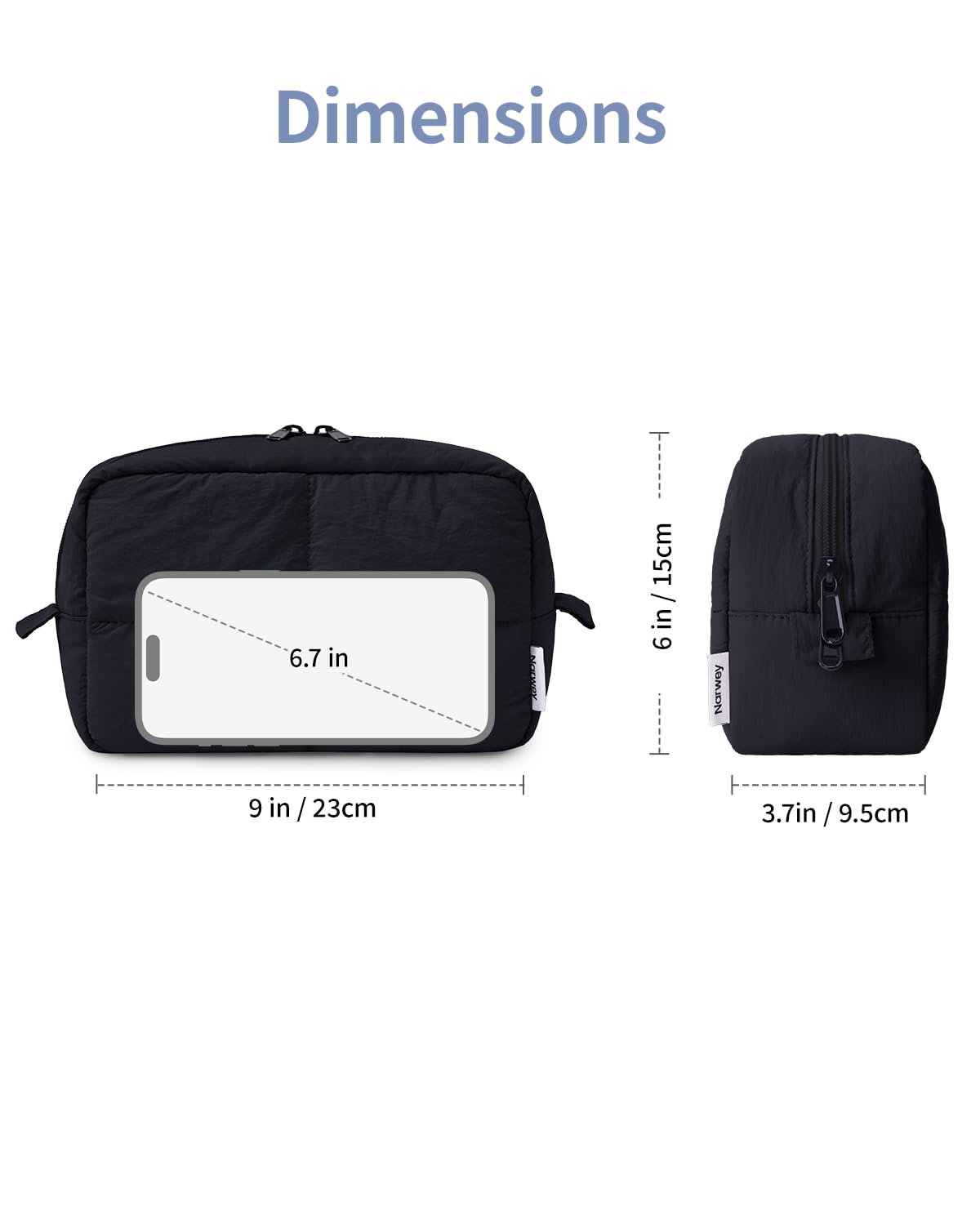 Narwey Puffy makeup bag side view illustrates compact carry in a tote