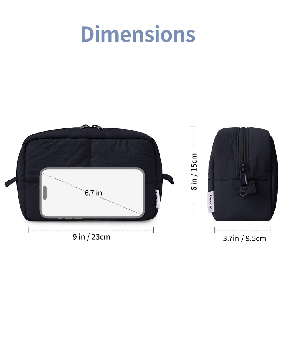 Narwey Puffy makeup bag side view illustrates compact carry in a tote