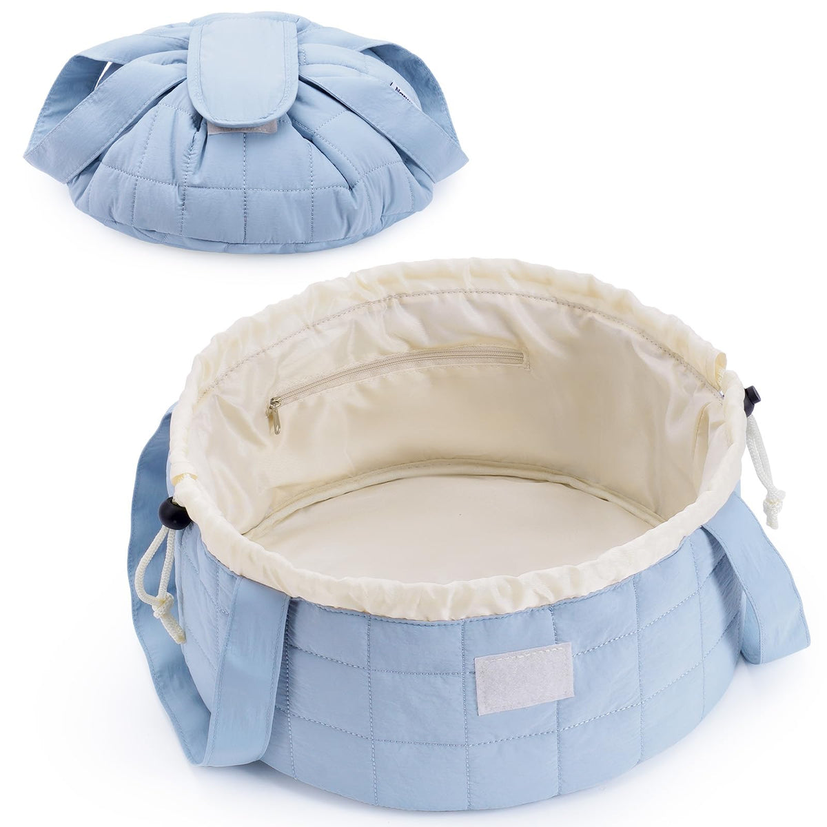 Narwey quilted drawstring makeup bag blue front view with roomy interior for travel essentials