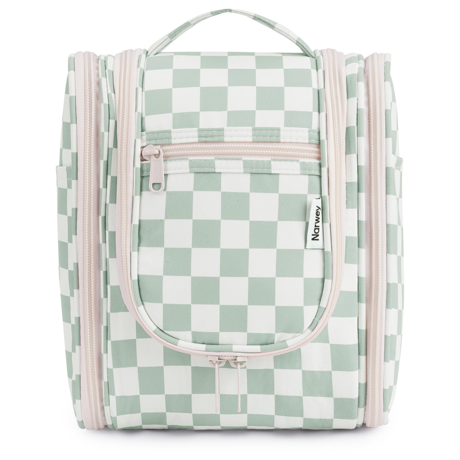 Narwey small checkered hanging toiletry bag front view keeps cosmetics organized on trips.