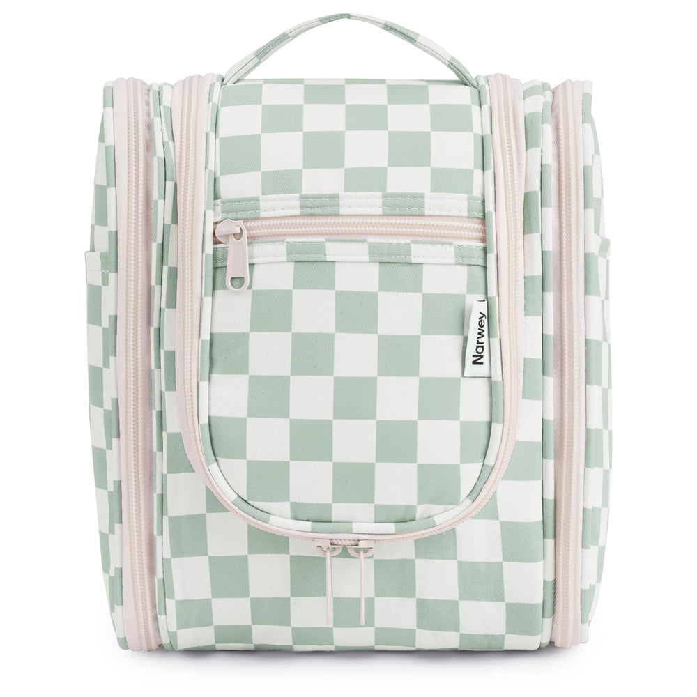 Narwey small checkered hanging toiletry bag front view keeps cosmetics organized on trips.