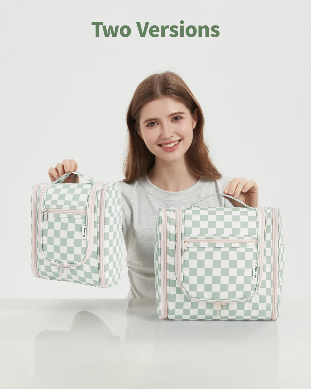 Narwey mint green bag in-use scenario shows practical organization on bathroom counter.