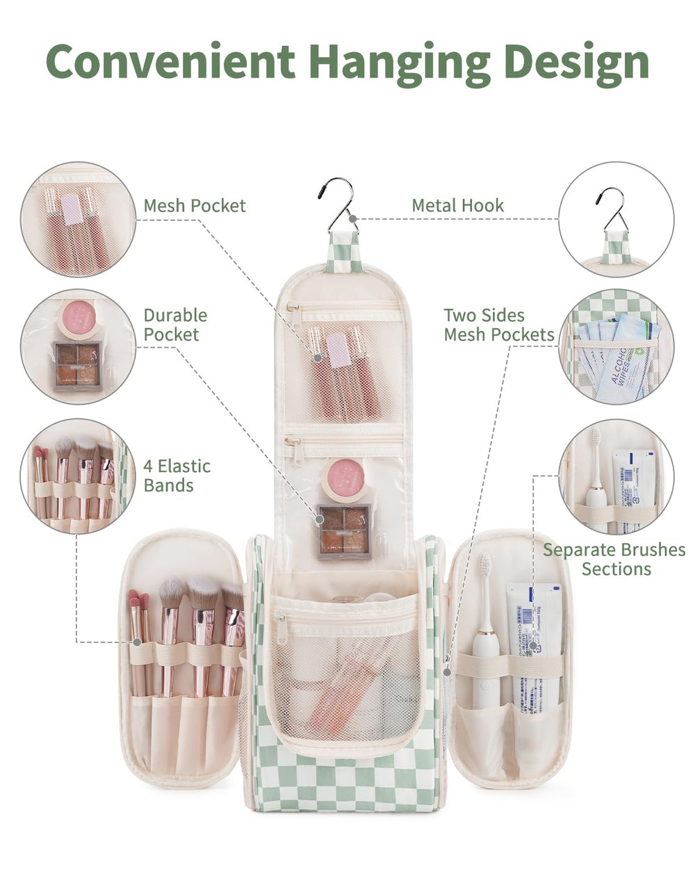 Narwey mint green checkered bag open compartments show organized storage for travel essentials.