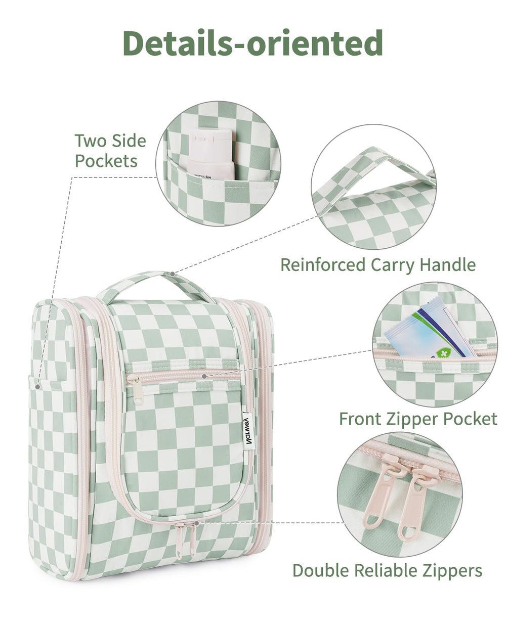 Narwey water-resistant fabric image conveys spill protection during travel.