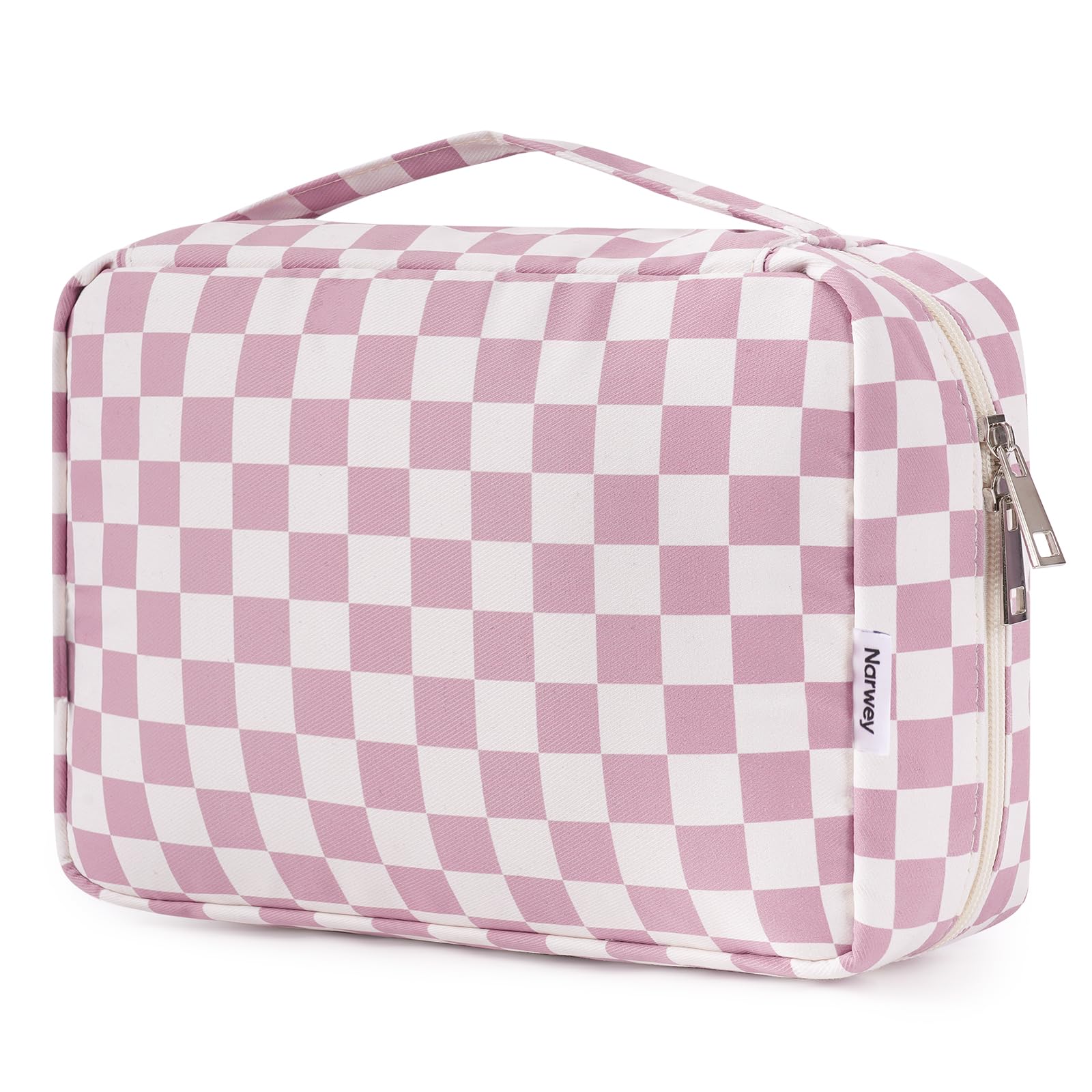 Narwey small hanging toiletry bag with dusty pink checker shows space-saving travel organization.