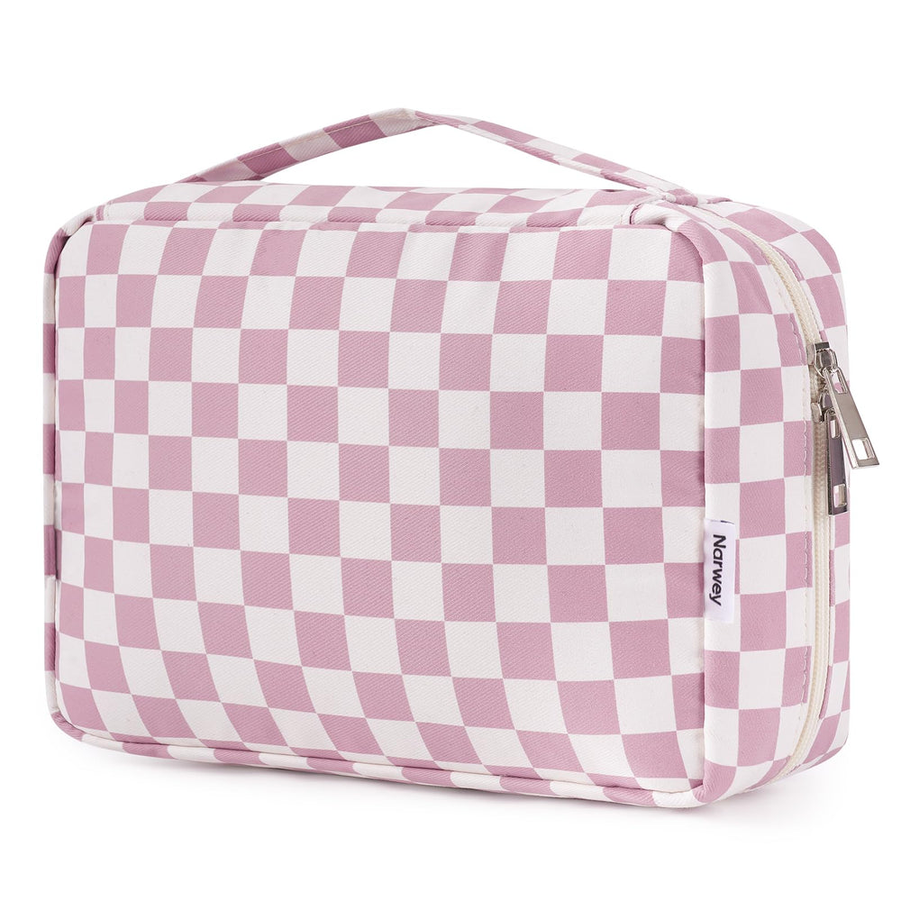 Narwey small hanging toiletry bag with dusty pink checker shows space-saving travel organization.
