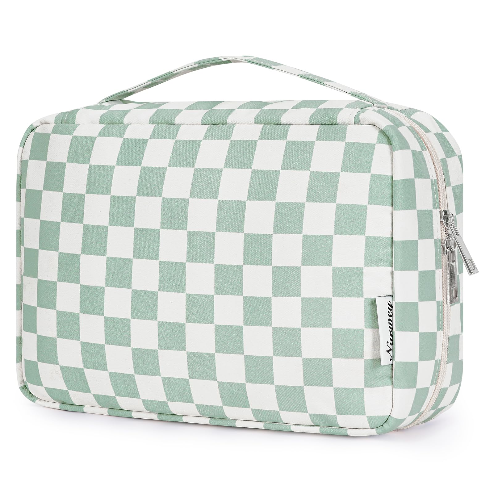 Narwey small hanging travel toiletry bag in mint green checkerboard with easy-access hook for space-saving organization