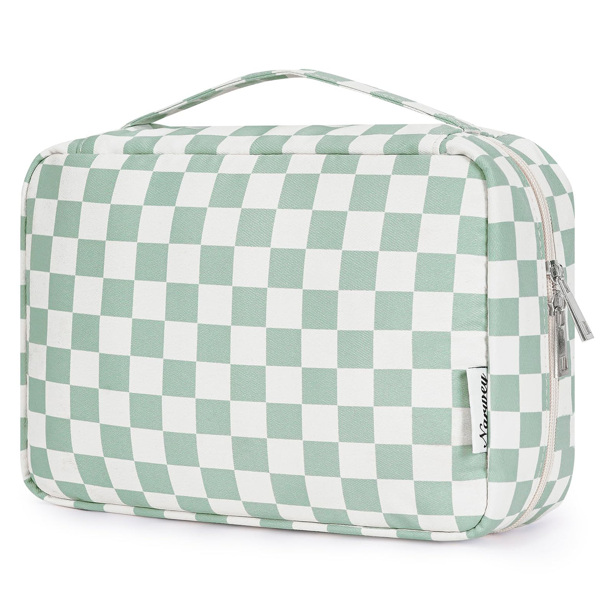 Narwey small hanging travel toiletry bag in mint green checkerboard with easy-access hook for space-saving organization