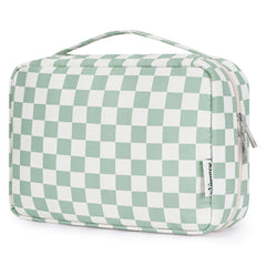 Narwey small hanging travel toiletry bag in mint green checkerboard with easy-access hook for space-saving organization