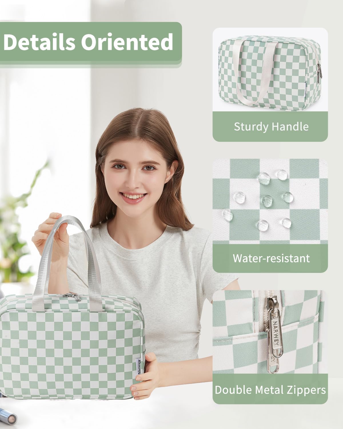 Narwey soft-lined interior in mint green for delicate products during travel.