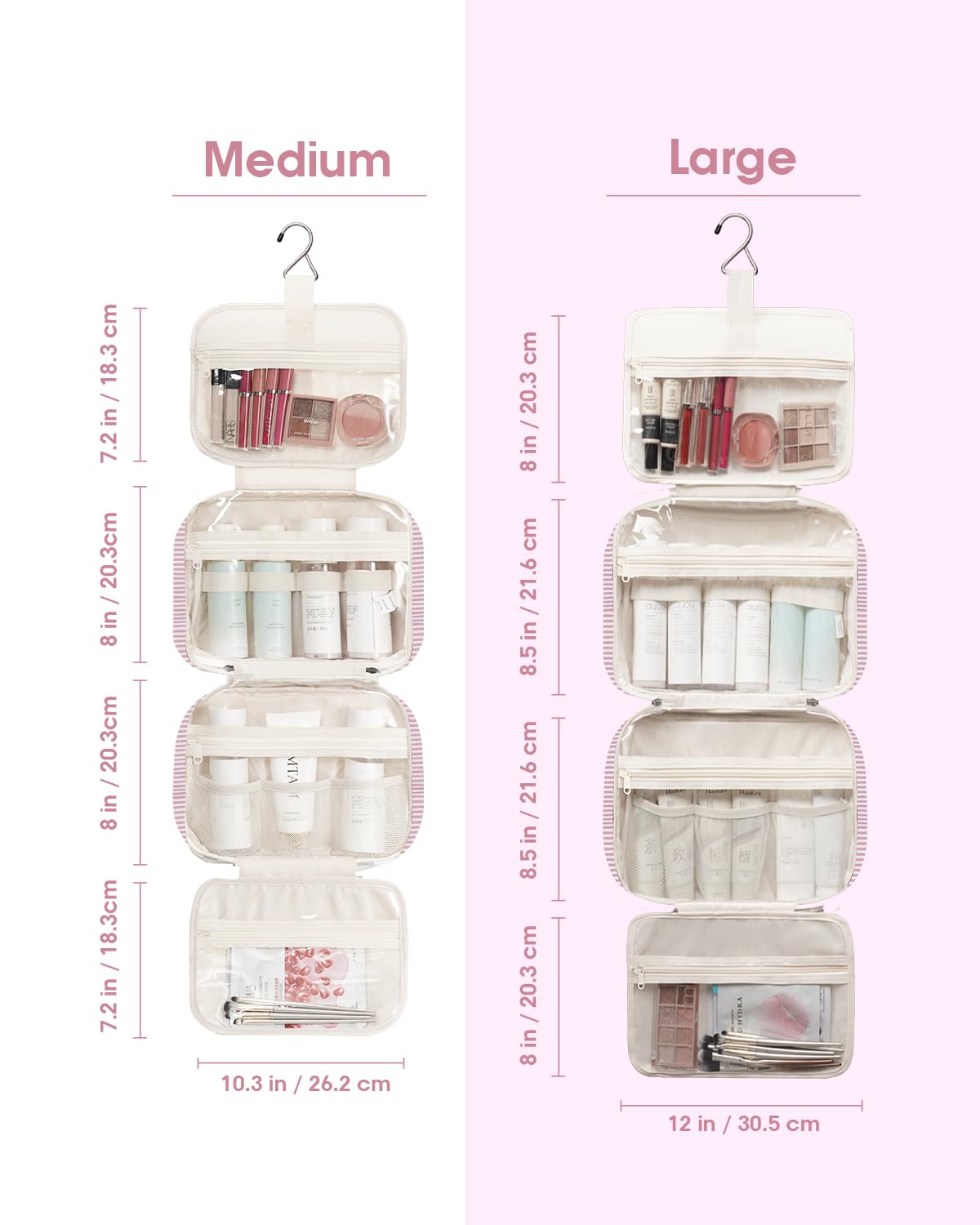 Narwey striped compartments with mesh pockets keep cosmetics upright and organized.