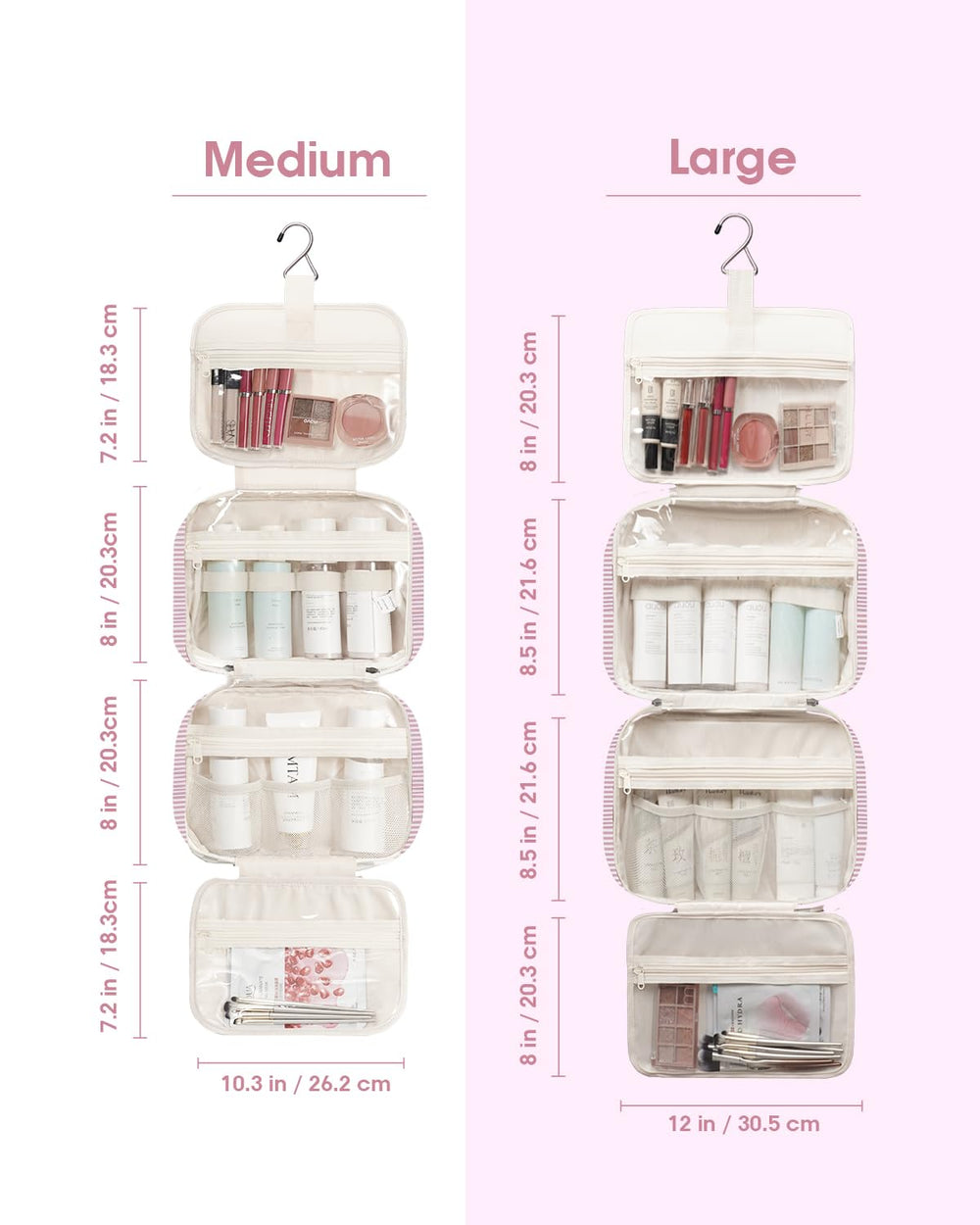 Narwey striped compartments with mesh pockets keep cosmetics upright and organized.