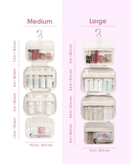 Narwey striped compartments with mesh pockets keep cosmetics upright and organized.