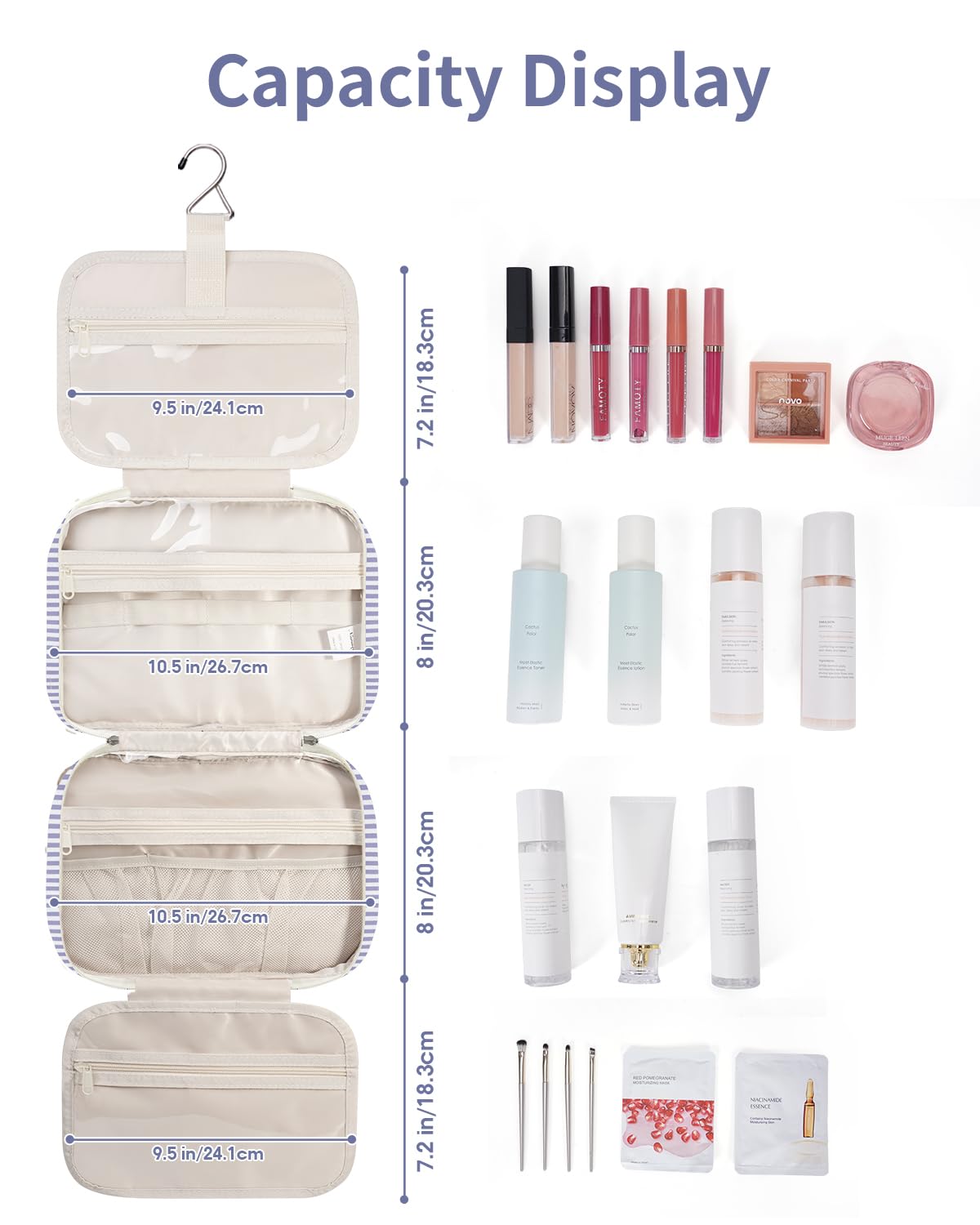 Narwey striped hanging toiletry bag open compartments demonstrate upright item storage