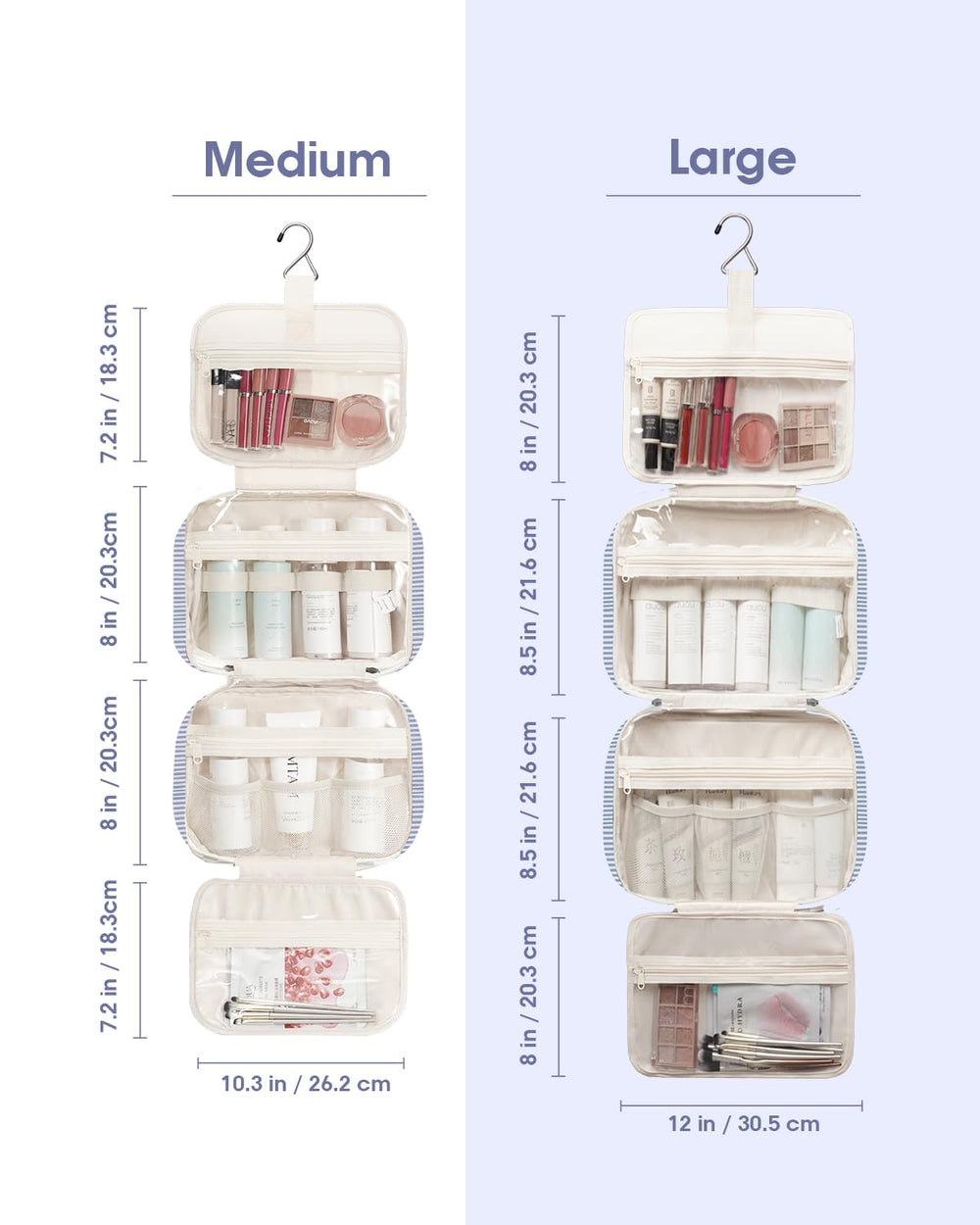 Narwey striped bag organized with cosmetics and toiletries