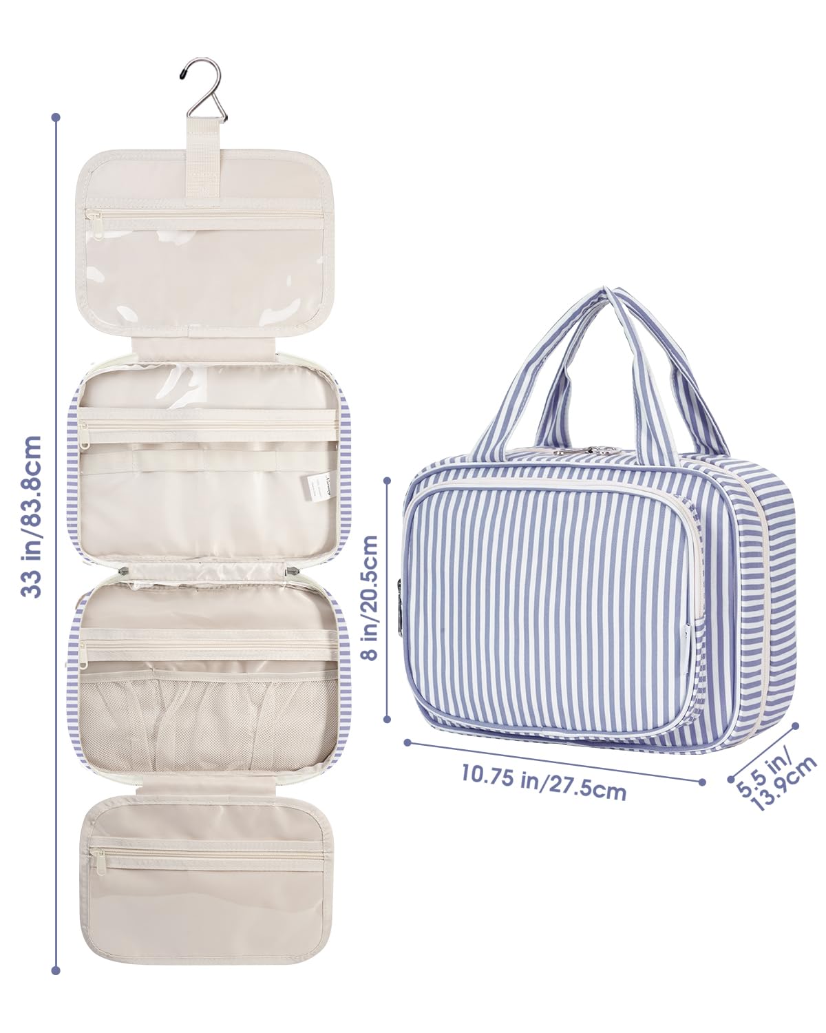 Narwey striped bag in use during trip for cosmetics organization