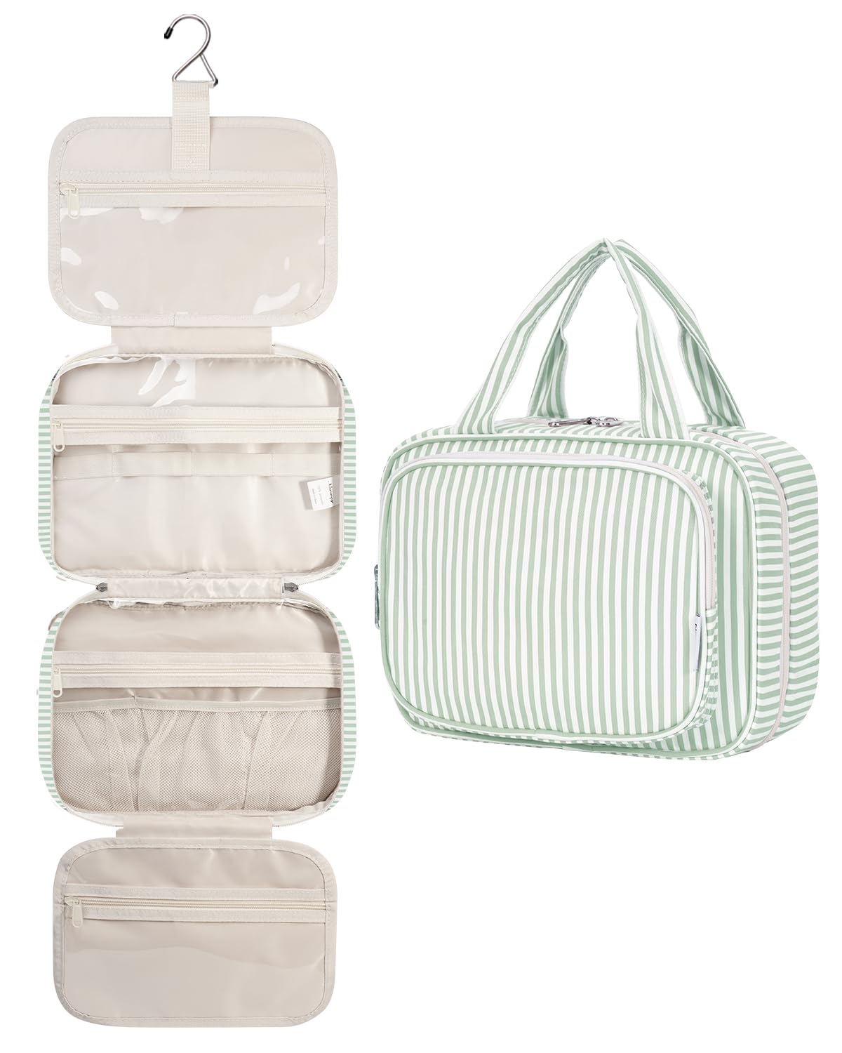 Narwey striped hanging toiletry bag with mint-green stripe, ideal for easy organization