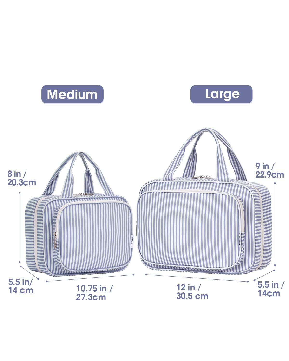 Narwey striped travel toiletry bag greyish blue stripe hanging hook for easy access.